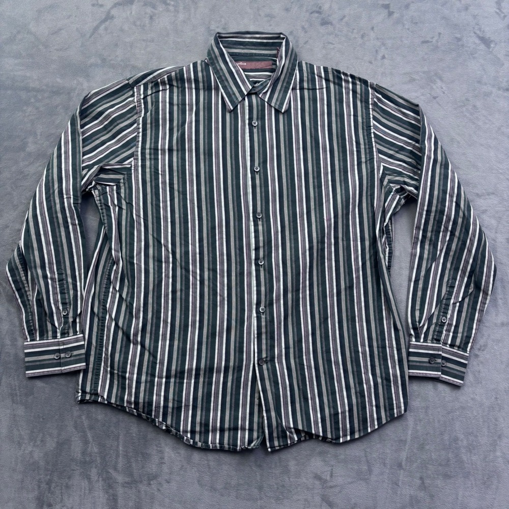 Perry Ellis Mens Large Long Sleeve Button Down Shirt Striped Green Black Cotton